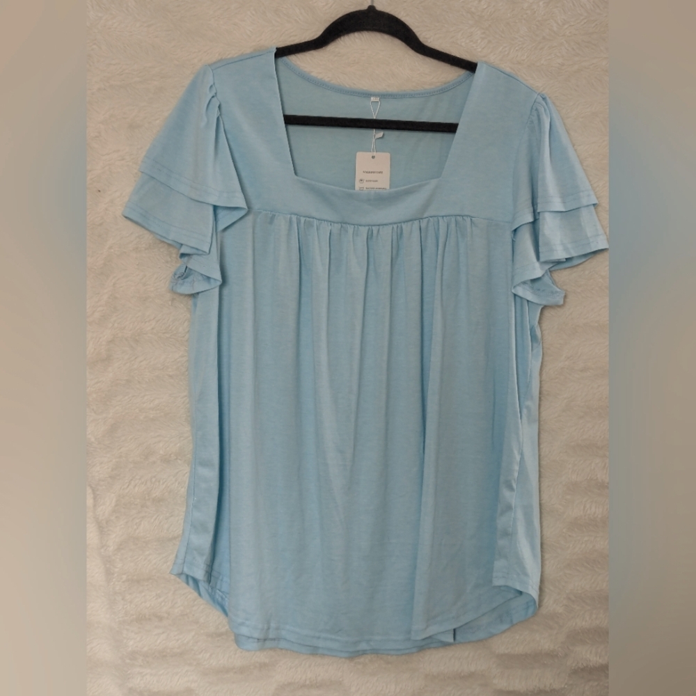 NEW VISLILY Blue Square Neck Short sleeve Top Sz 1XL New